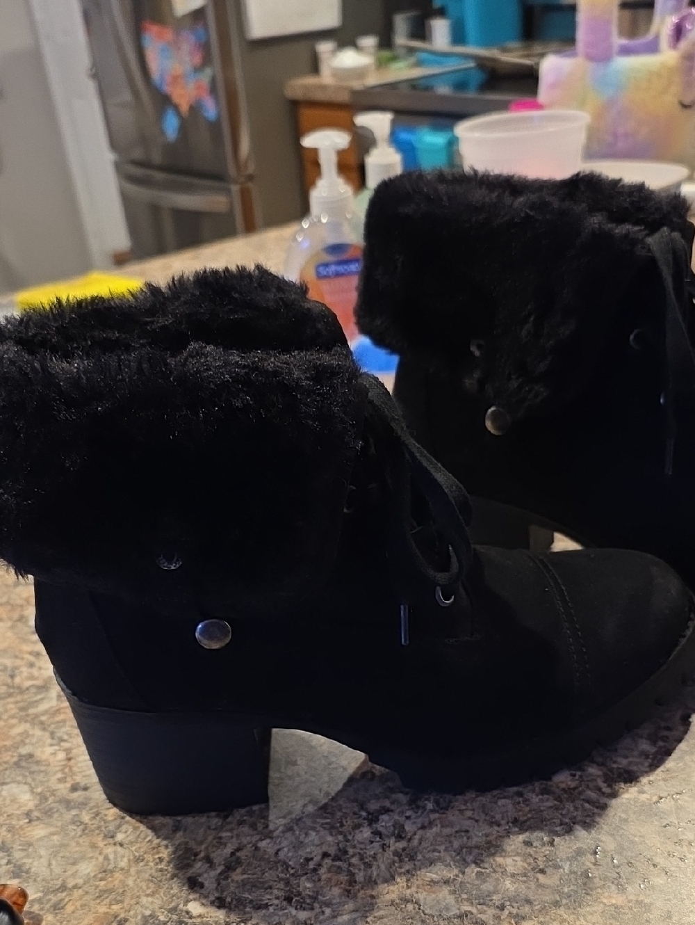 Black Faux Fur Ankle Boots - Women